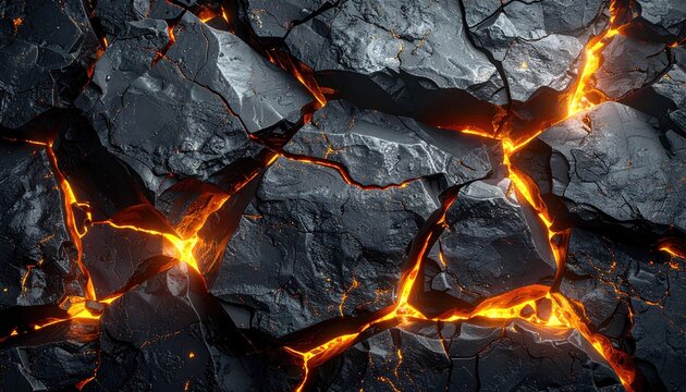 Close-up of cracked, dark grey rock with bright orange, glowing molten material visible in the fissures, creating an abstract texture - Powered by Adobe