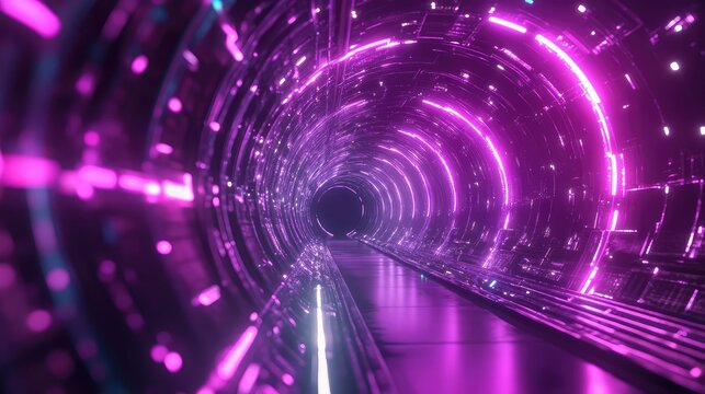 Futuristic neon glowing tunnel creating abstract digital pathway