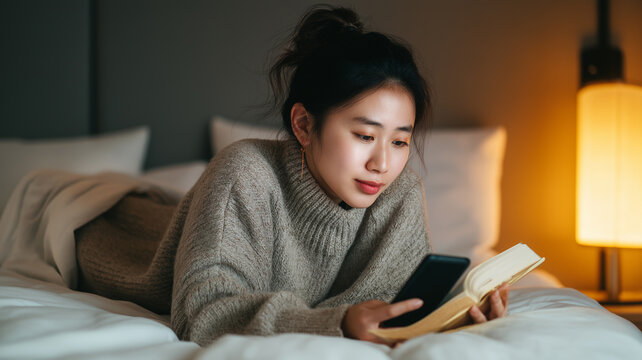 A young woman lies on her stomach in bed, interacting with her smartphone in a warm, inviting space Generative AI