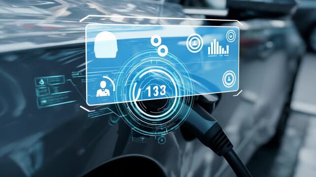 Electric vehicle at charging station connected by plug. Sustainable energy flows to battery, supporting eco transport infrastructure. Modern vehicle system manages battery charging, clean energy.