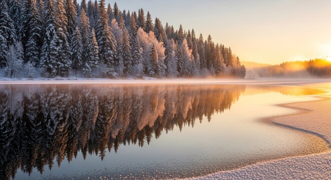 A serene winter landscape with a frozen lake, snow-covered trees, and a golden sunrise reflecting on the water.