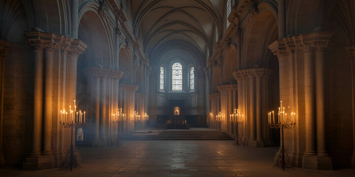 Candlelit gothic cathedral interior with mystical light rays - Powered by Adobe