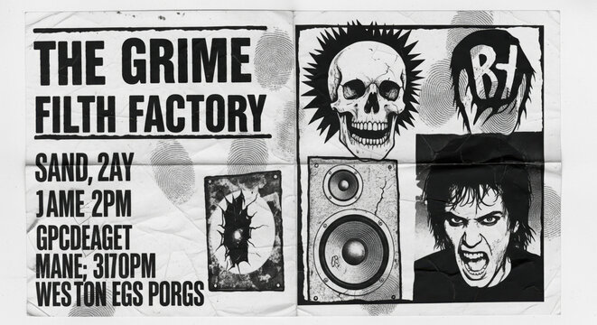 Gritty monochrome punk rock concert flyer design with skull, speaker and screaming face
