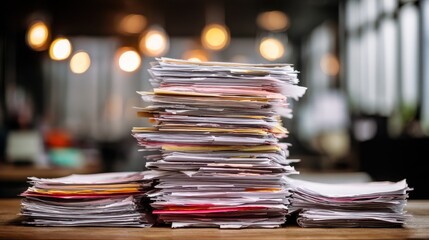 Stacked papers cluttering a workspace in a modern office during the day