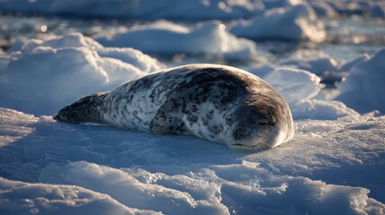 Seal resting on ice in a serene Arctic landscape during the golden hour of the day