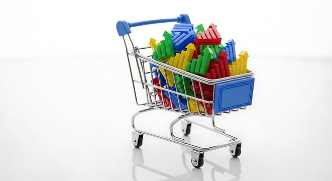 Shopping cart overflowing with colorful growth charts, visualizing success and market trends for business analytics and strategic investment decisions