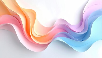 A vibrant abstract composition featuring flowing, layered ribbons in gradients of peach, pink, purple, and blue against a white backdrop