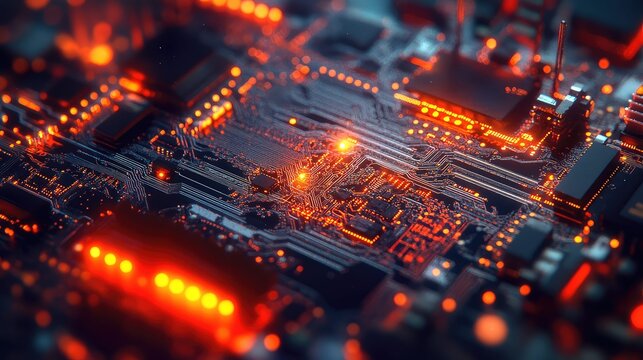 Circuit board with glowing orange data processing activity