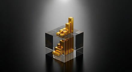 Stunning golden bar chart inside a transparent cube showing business growth and financial success, reflecting wealth and prosperity in a modern style