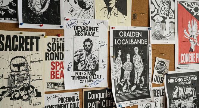 Textured cork board covered with diverse vintage punk rock and underground art