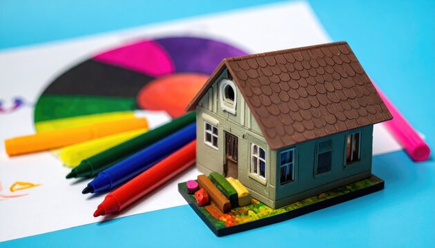 A miniature house sits near colored markers and a drawing of a color wheel, all on a blue surface