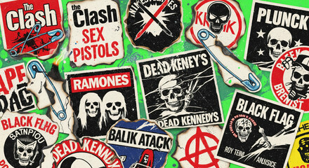 Fototapeta premium Gritty punk rock band logos collage with safety pins and rebellious symbols on vibrant green