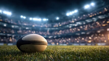 Excitement builds in the stadium as a rugby ball rests on the grass before a thrilling match at night