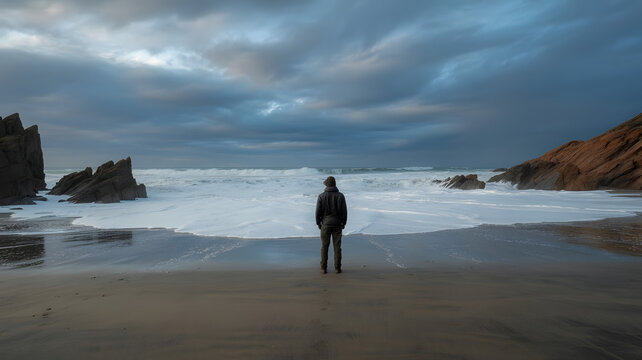 Man standing on a beach looking at the stormy ocean waves - Powered by Adobe