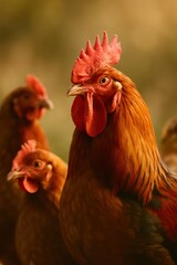 Three chickens are standing in a row