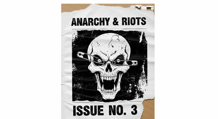 Grungy punk poster with a skull, safety pins, "anarchy & riots," issue number three.