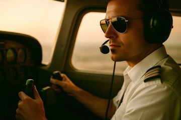 A man in a pilot's uniform is sitting in the cockpit of a small plane