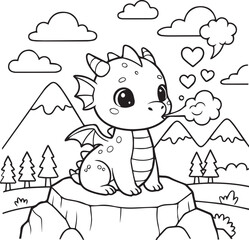 Cute Baby Dragon Breathing Fire Softly While Sitting In A Forest Scene line art one line art
