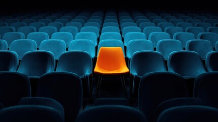 Obraz premium Bright orange chair stands out in a dark theater filled with blue seats during a quiet evening performance