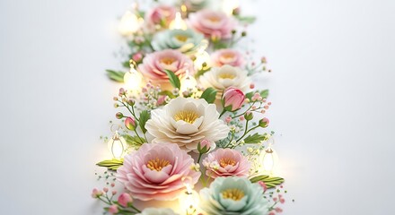 Pastel paper flowers arrangement with fairy lights isolated on white background is perfect for wedding and other events