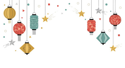 Colorful hanging lanterns and stars with geometric shapes create a festive and celebratory background design