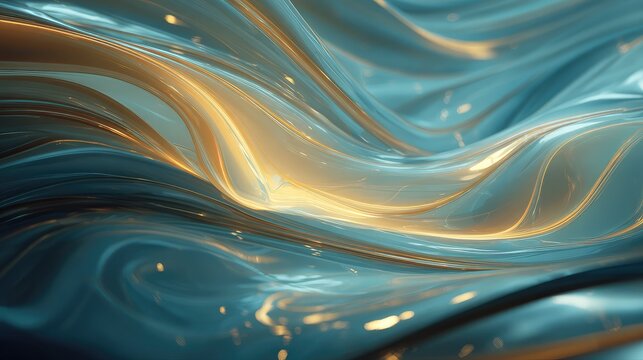 Abstract flowing liquid waves with golden light reflections