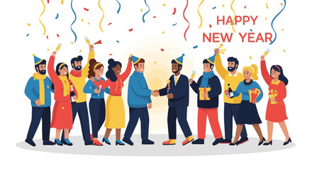 Diverse group of people celebrating new year s eve with champagne and confetti wearing party hats