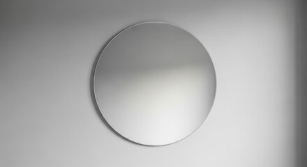 A round, silver-colored mirror with a smooth, reflective surface, hanging on a white wall.