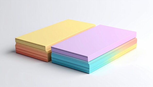 Two stacks of rectangular, colorful papers, one in pastel yellow and red hues, the other a gradient of blues and purples