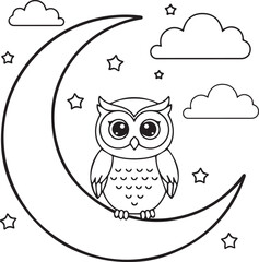 Cute Owl Sitting Peacefully On The Moon In A Quiet Night Sky line art one line art