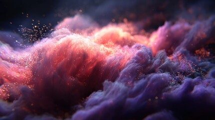 Colorful cosmic clouds and stardust swirl in a vibrant night sky above an ethereal landscape