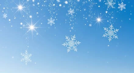 Snowflakes falling against a blue sky with stars.