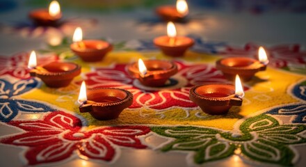 Diwali lamps and colorful rangoli on a festive table.
