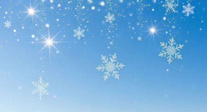 Snowflakes falling against a blue sky with stars. - Powered by Adobe