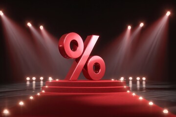 Glossy red percent symbol on a red carpet with dramatic lighting. Great for retail, offers, and luxury sale promotions.
