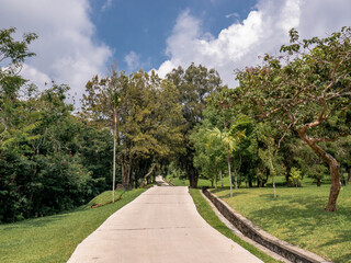 Calm tropical park path under sunny weather in the Indonesian highlands, perfect for travel, tourism, and nature designs