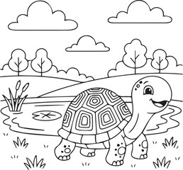 Obraz premium Cute Turtle Walking Around A Peaceful Forest Pond In A Calm Nature Scene line art one line art