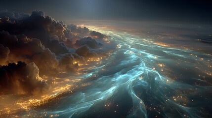Fototapeta premium Glowing cosmic clouds above shining galaxy waves high resolution picture