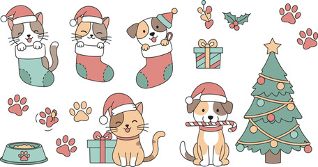 Hand-Drawn Holiday-Themed Pet Icons: Cute Christmas Animals, Festive Pets & Winter Doodle Vector Set