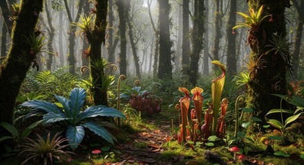 A lush, vibrant jungle with tall trees, ferns, and colorful plants in a misty forest setting.