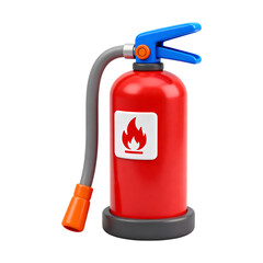 A red fire extinguisher with a white flame icon and a gray hose isolated on a transparent background