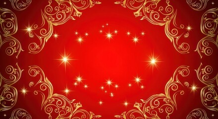 A red and gold ornate background with stars and swirls.