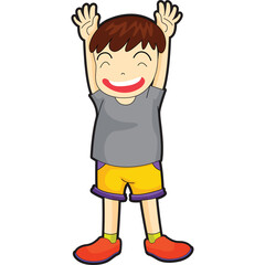 Happy Young Boy With Arms Raised In Excitement Wearing A Grey T Shirt And Yellow Shorts With Orange Shoes Against A White Background With A Transparent Background