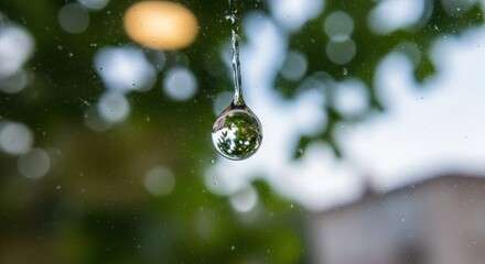 A single water droplet suspended in mid-air, reflecting a blurred green tree background.