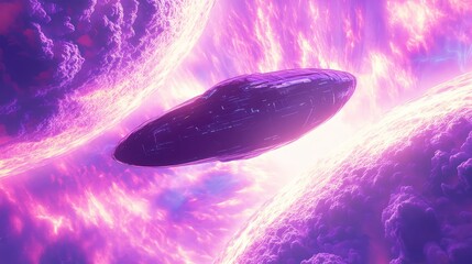 Obraz premium Spaceship flying between glowing purple fantasy planets
