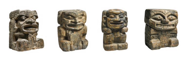 Four ancient stone tiki statues with fierce expressions isolated on transparent background