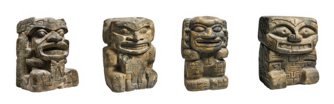Four ancient stone tiki statues with fierce expressions isolated on transparent background - Powered by Adobe