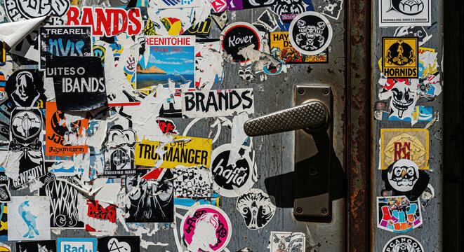Urban grunge texture with worn stickers on a metal door and rusty handle