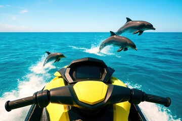 A yellow jet ski is in the water with dolphins jumping out of the water