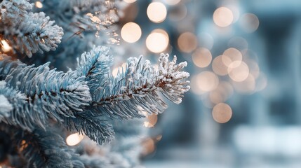 christmas white decoration and spruce tree close up bokeh lights background merry christmas and happy holidays greeting card frame banner new year noel winter festive xmas theme